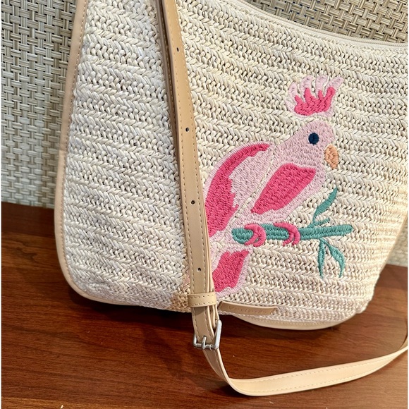 🌟HP🌟NWOT Vera Bradley Embroidered Pink Cockatoo Raffia Straw Slim Crossbody - Picture 4 of 13